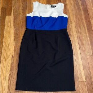 Evan Picone Black Label sleeveless White, Blue & Black Midi Dress. Size 10